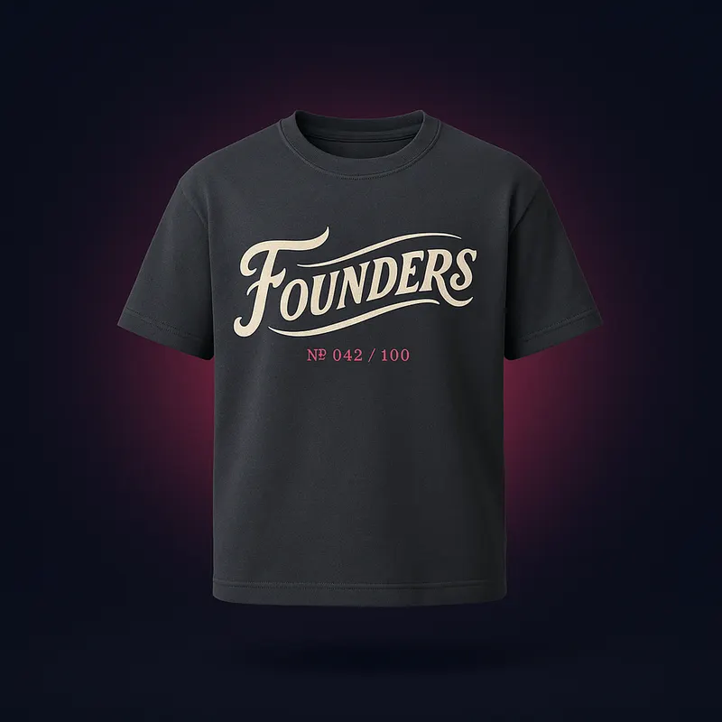 Founders Tee — script banner — product mockup